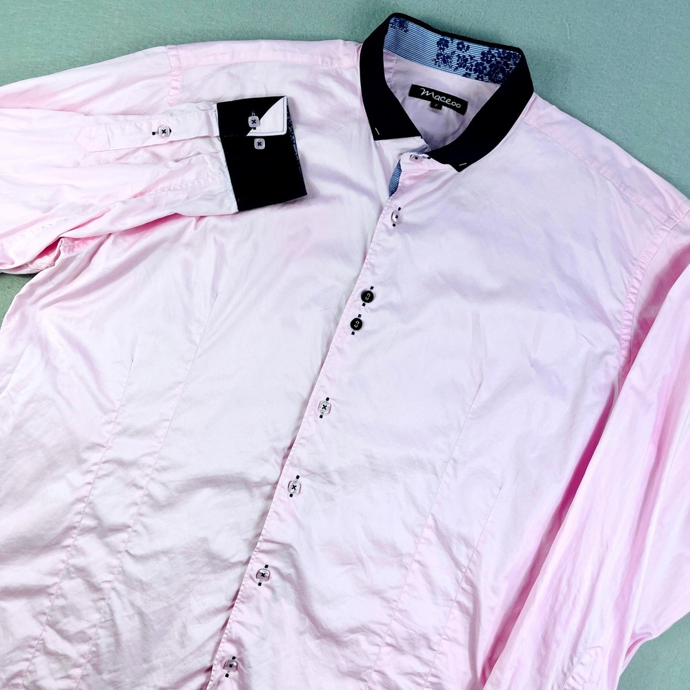 Maceoo Mens Pink Navy Blue Contrast Trim Long Sleeve Button Up Shirt‎ Size 7